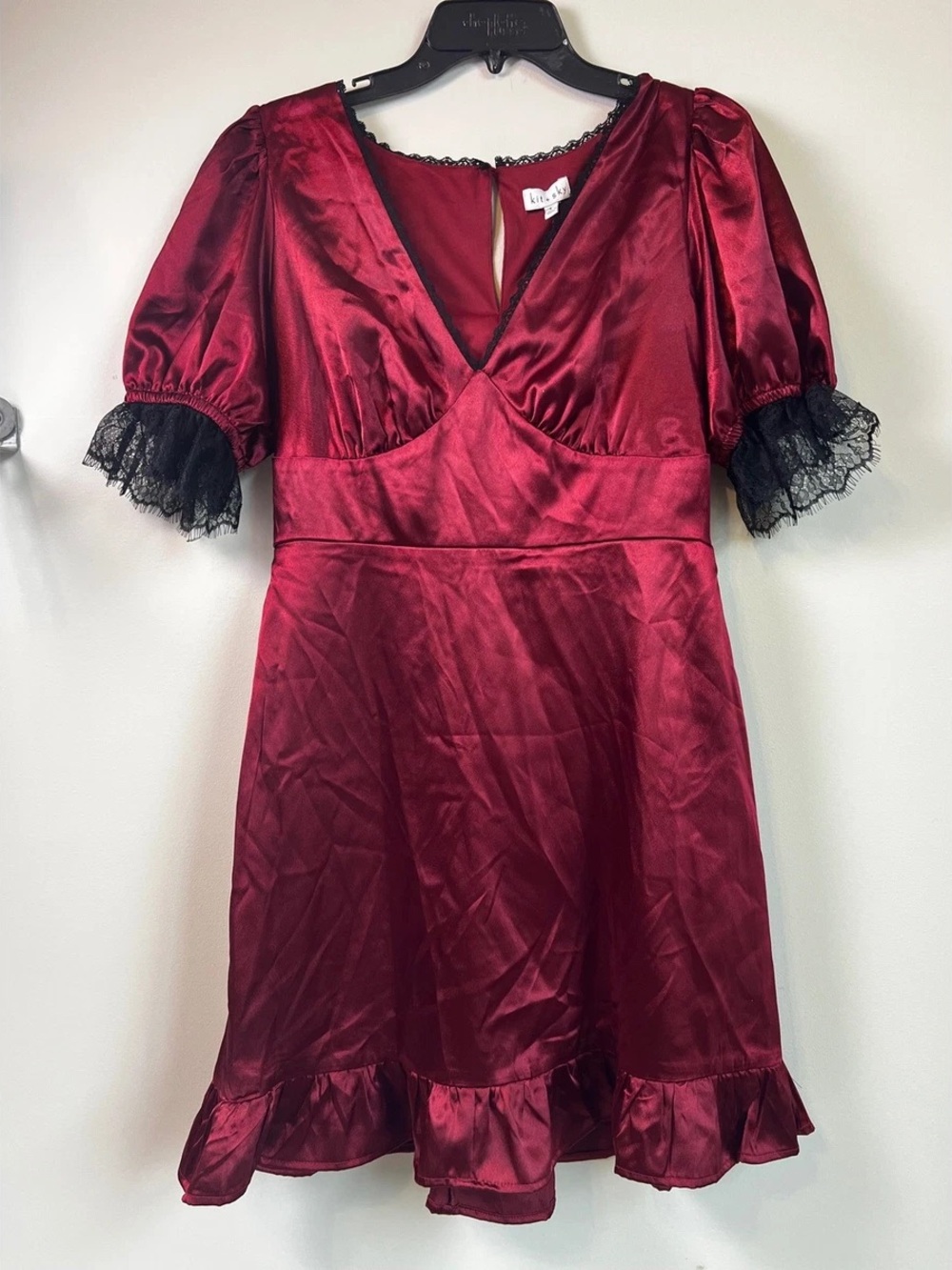 Vintage-Inspired Red Satin Mini Dress with Lace Trim